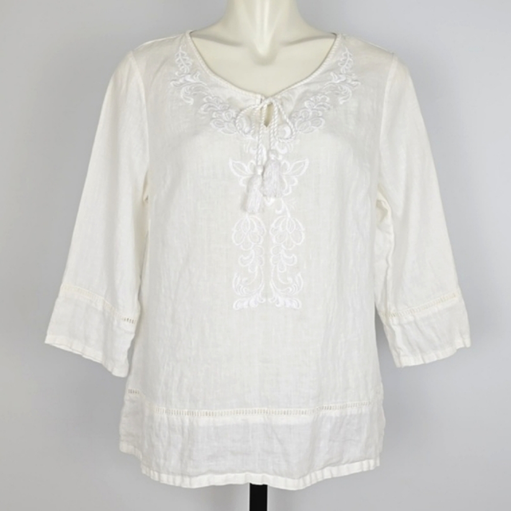 Saint Tropez West Women’s White Linen 3/4 Sleeves Top Embroidery Tassle Size Lrg